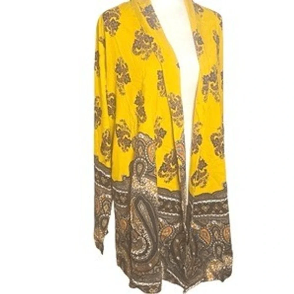 Isaac Mizrahi Live Womens 3X Open Front Cardigan Gold Paisley‎ Print A257179 NWT